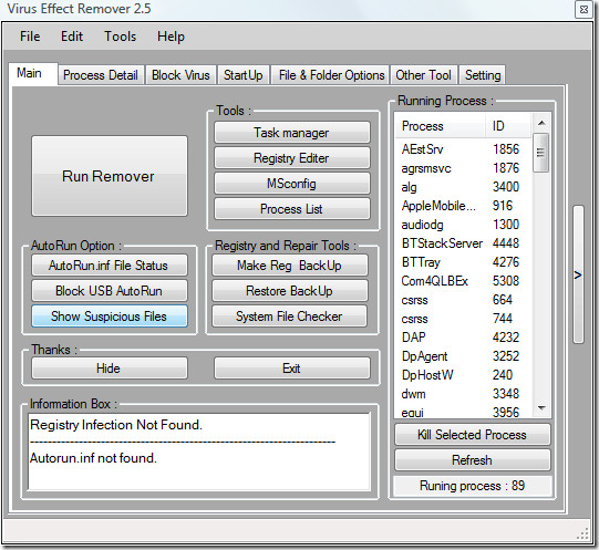 virus effect remover main window