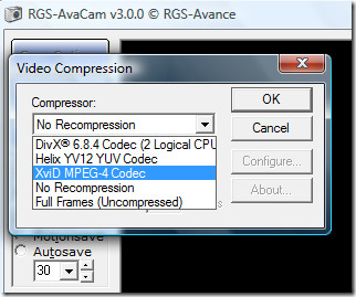 Avacam video compression options