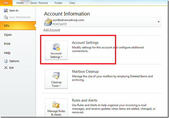 Outlook Account's Settings