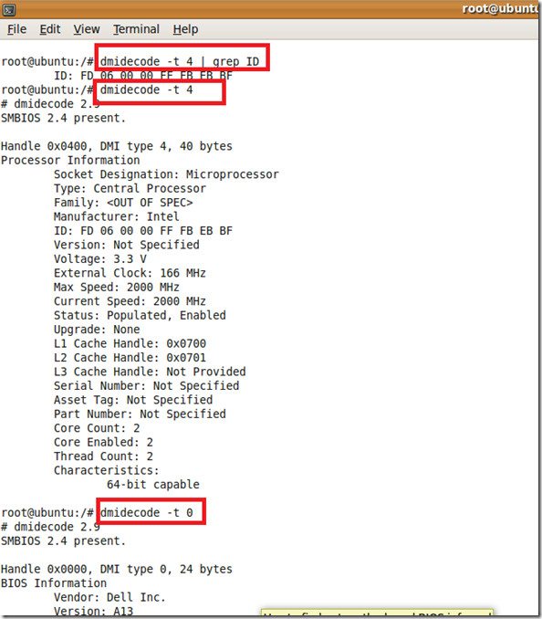 Check Motherboard BIOS Processor CPU ID From Command Line In Ubuntu Linux