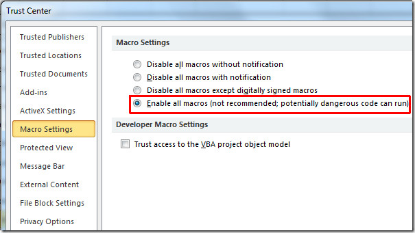 Enable All Macros In Excel 2010