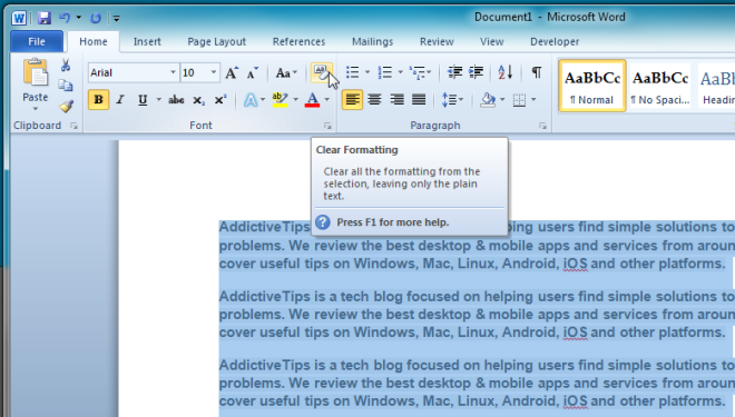 Word 2010 Quickly Remove Formatting Styles