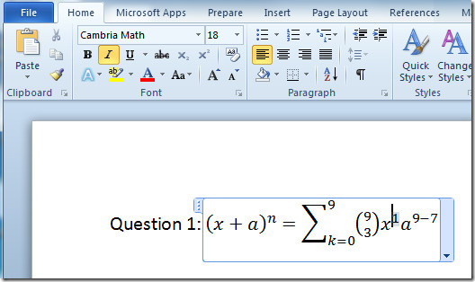 Add Math Equations With Word 2010 Equation Editor