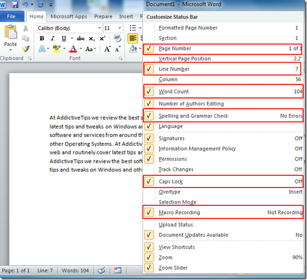 Word Count Line Number Page Number In Status Bar Word 2010