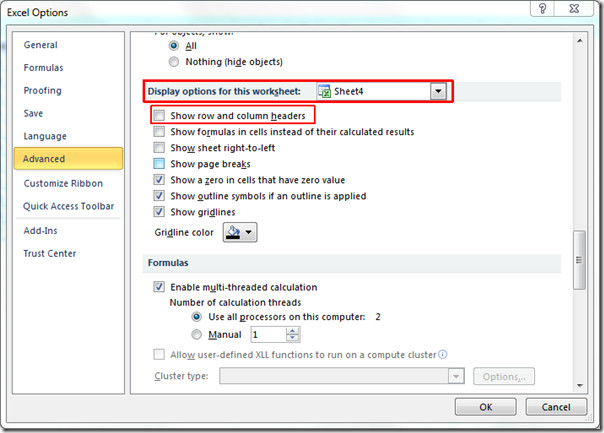 Excel 2010 Remove Row Column Headers