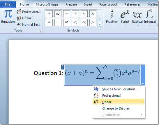 Add Math Equations With Word 2010 Equation Editor