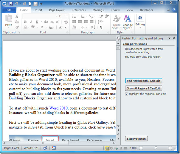 restrict editing in word