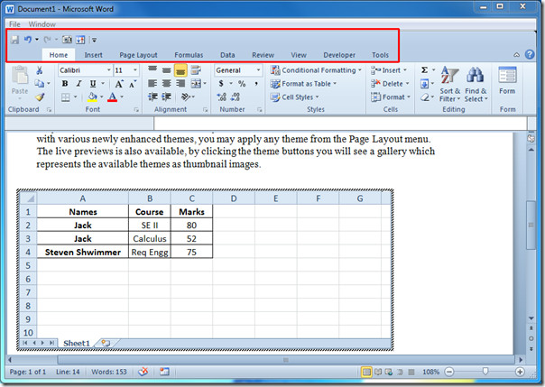 Add Embed Excel Spreadsheet In Word 2010 Document