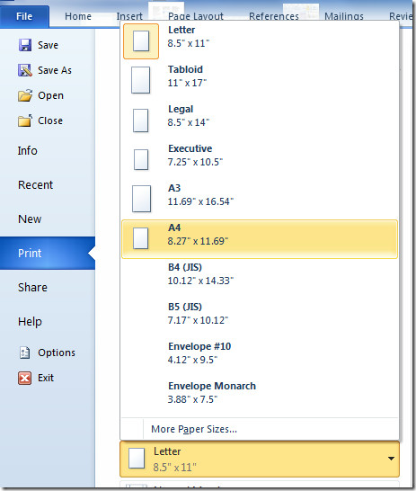 Specify Page Size Before Printing The Word 2010 Document