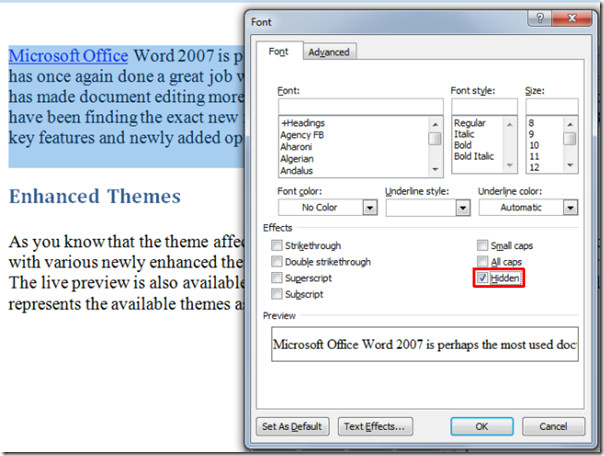 how to hide text in word 2010