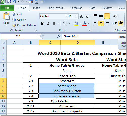 increase indent excel 2016