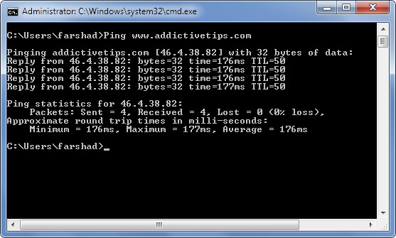 หน้าจอ Command Prompt สำหรับ Ping IP