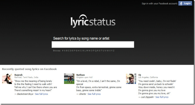 LyricStatus: Update Facebook Status With Your Favorite Lyrics [Web]