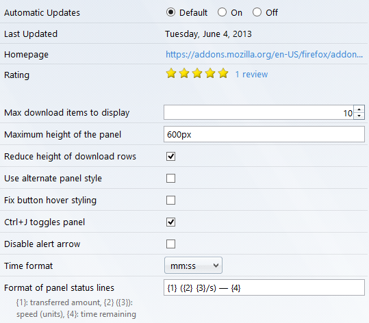 Download Panel Tweaks - Options page