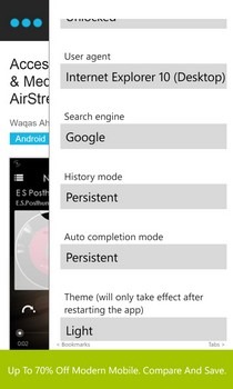 Edge Browser WP8 Options