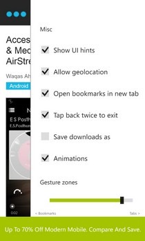 Edge Browser WP8 Settings