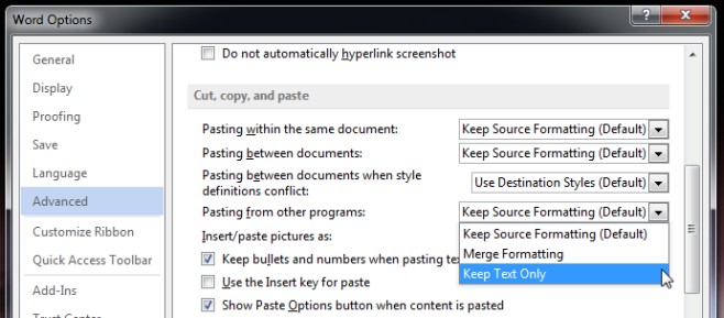 dont see keep source formatting word