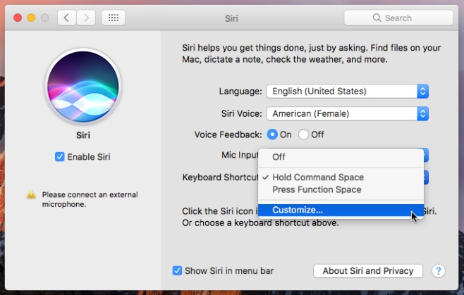 How To Customize The Keyboard Shortcut For Siri In macOS Sierra