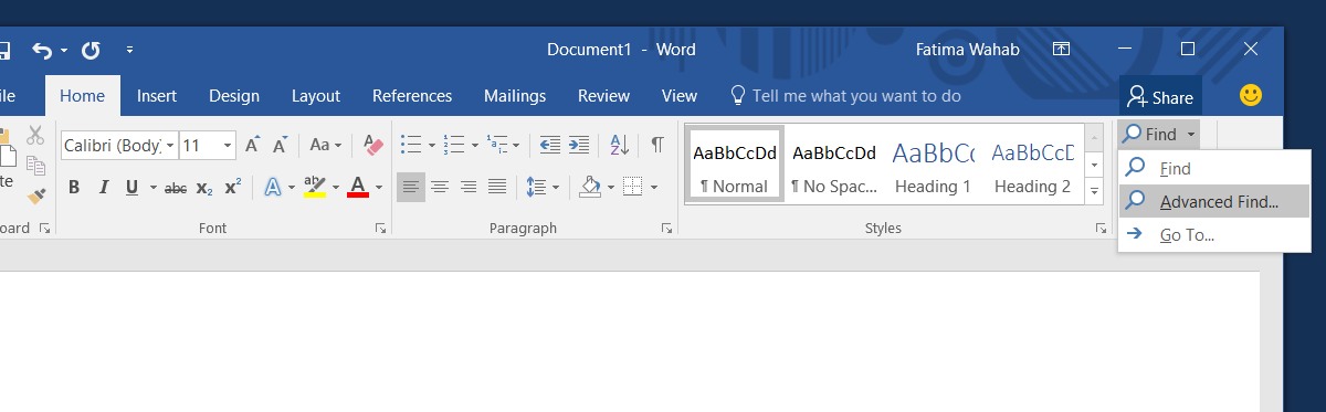 microsoft word find and replace default button