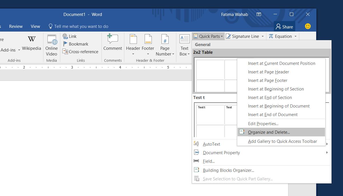 how to create a quick part in word 2016