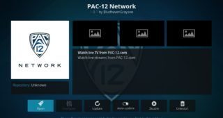 Pac-12 Kodi Add-on 5 - Pac12 options window