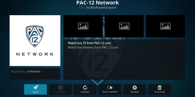 Pac-12 Kodi Add-on 5 - Pac12 options window