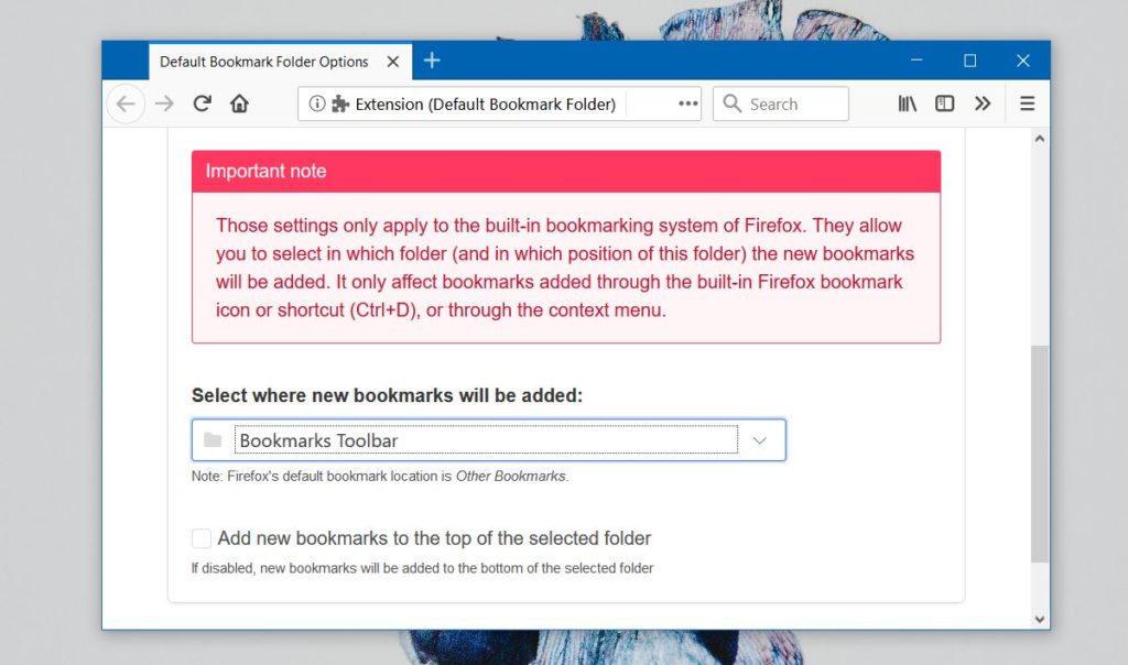 firefox set default bookmark folder