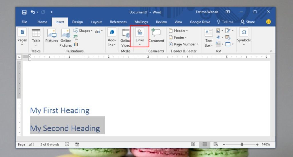 how to add link to section in word document