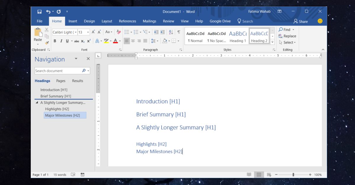 microsoft word table formatted as document heading