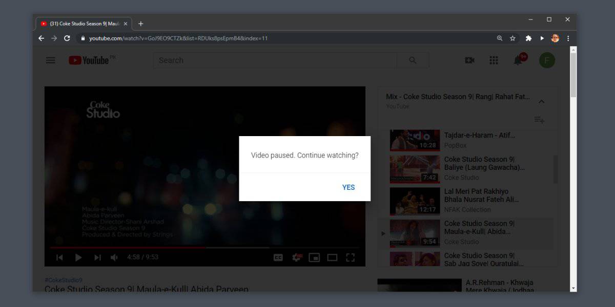 How to disable 'Video paused. Continue watching' on YouTube in Chrome