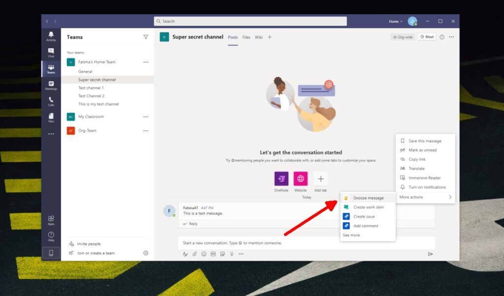 How to snooze a message in Microsoft Teams