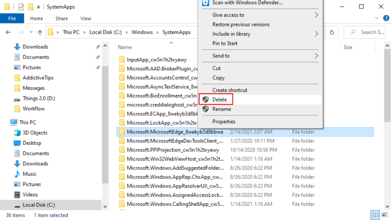 delete microsoft edge folder windows 10