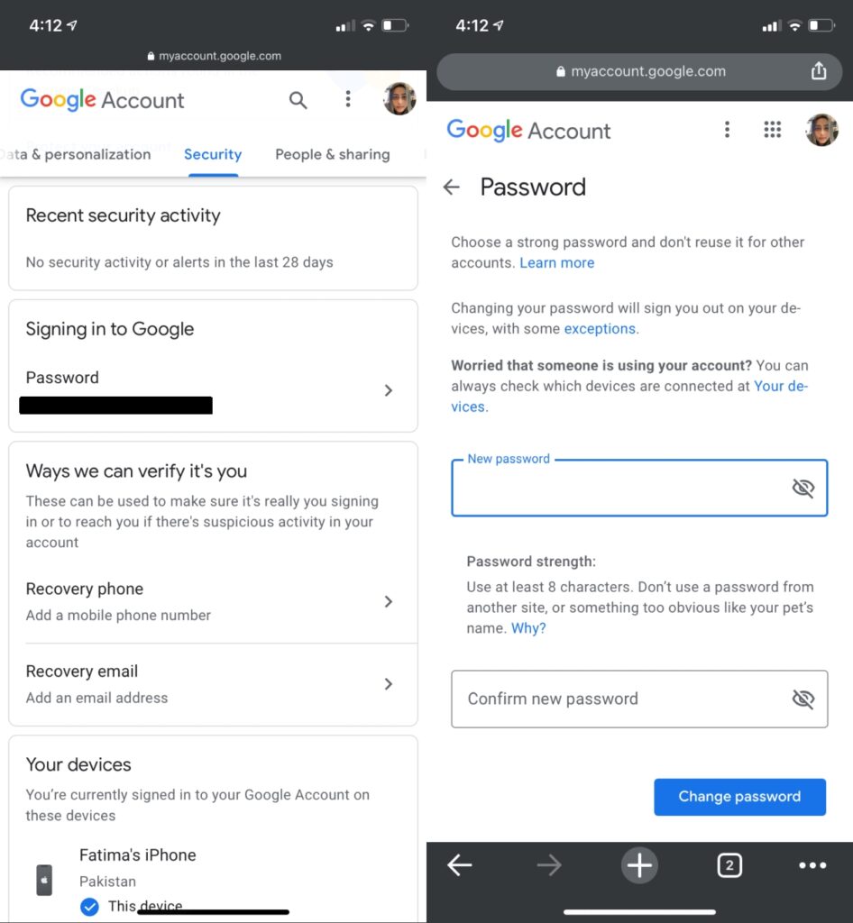 How to change Google account password