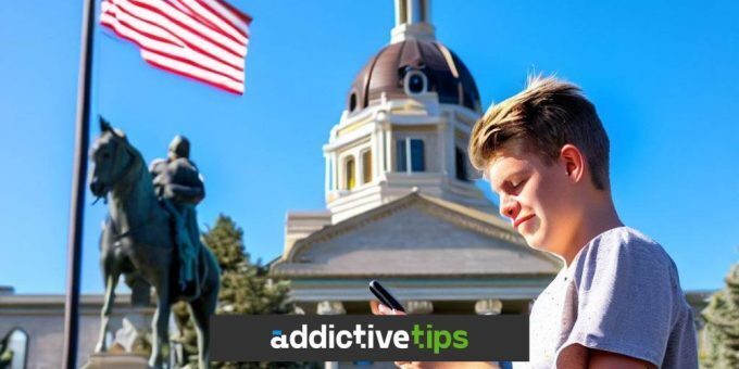 Teenager using TikTok in front of Montana State Capitol